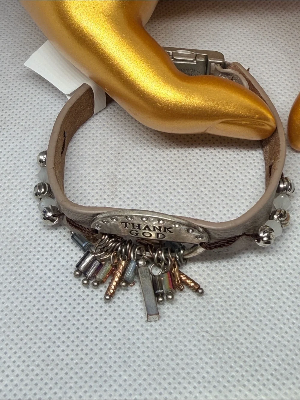 Silver-Tone 'Thank God' leather Charm Bracelet with Gray Band